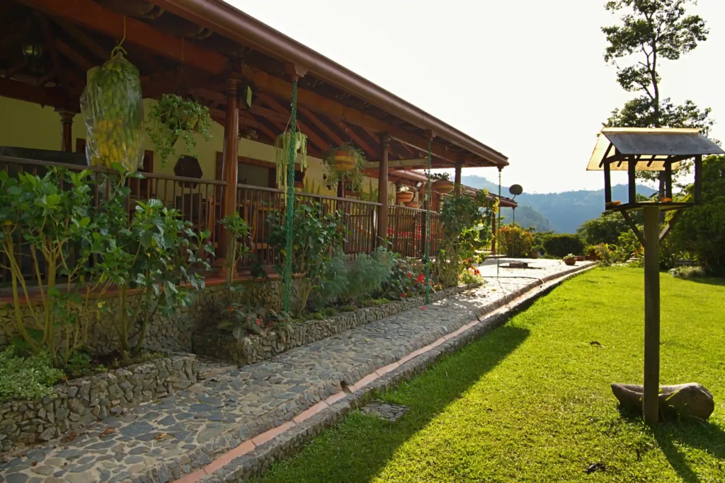 Corredor posterior de la finca La Esperanza con comedero para aves y entorno natural en Fredonia Antioquia